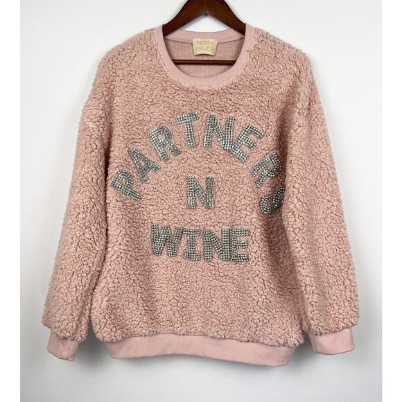 Judith March Pink Sherpa  S Sweatshirt Partners N Wine Rhinestone Lettering - Picture 1 of 9